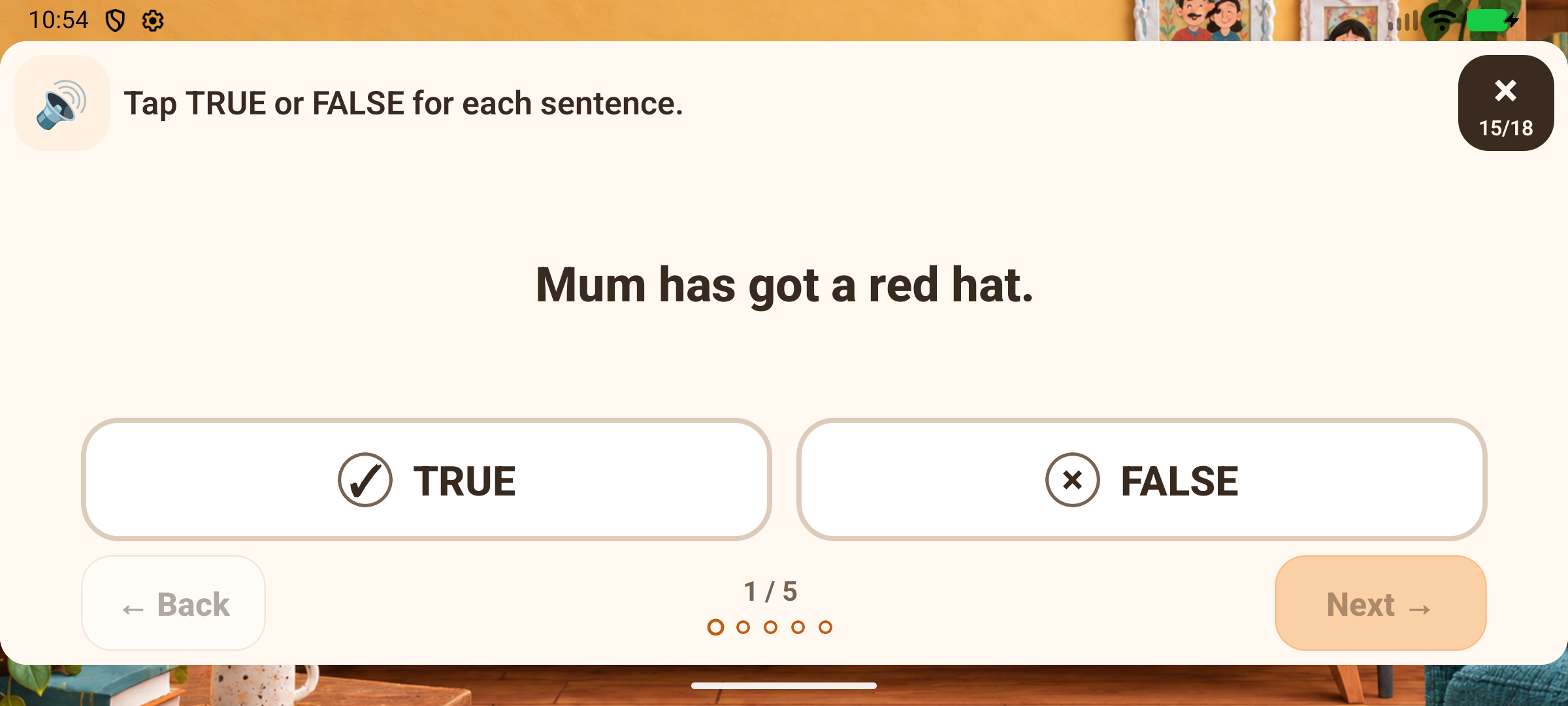 My Family Picture true or false activity on mobile, presented one question at a time