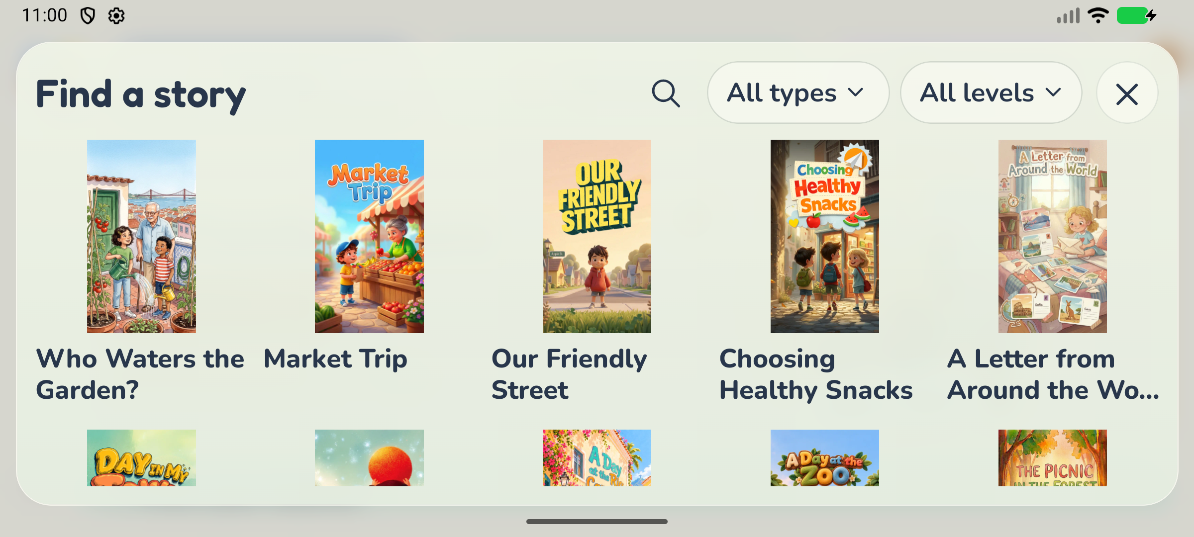 Kidverse mobile Find a story panel with book covers and filters