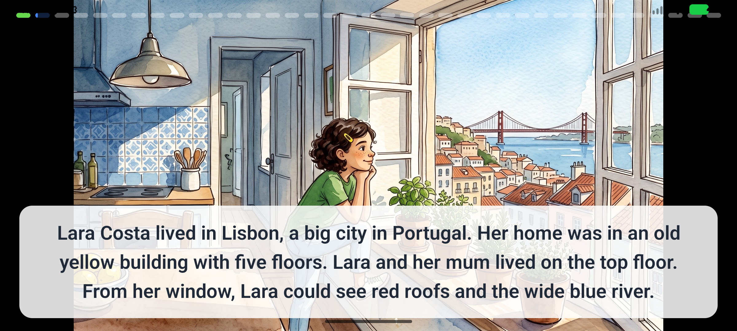 Who Waters the Garden? in the Kidverse mobile reader, with Lara looking over Lisbon and the story text below