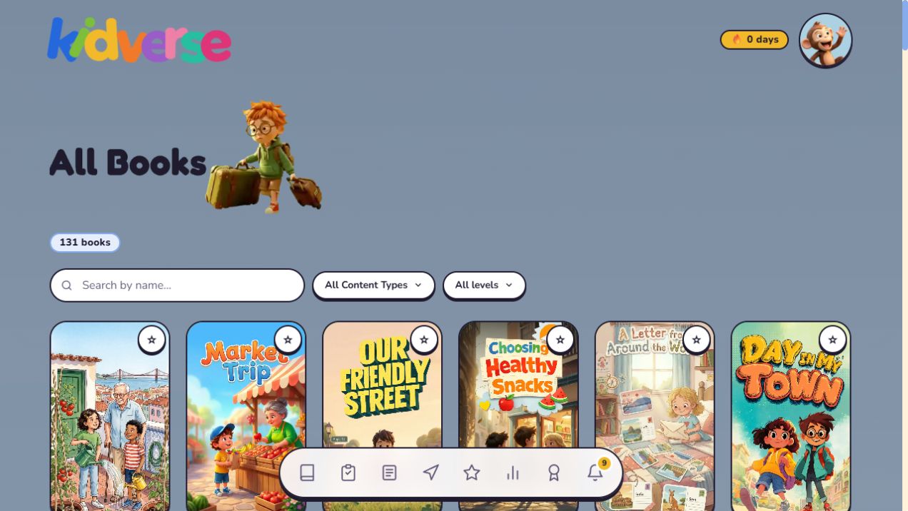 Kidverse web library with colourful book covers and level filters