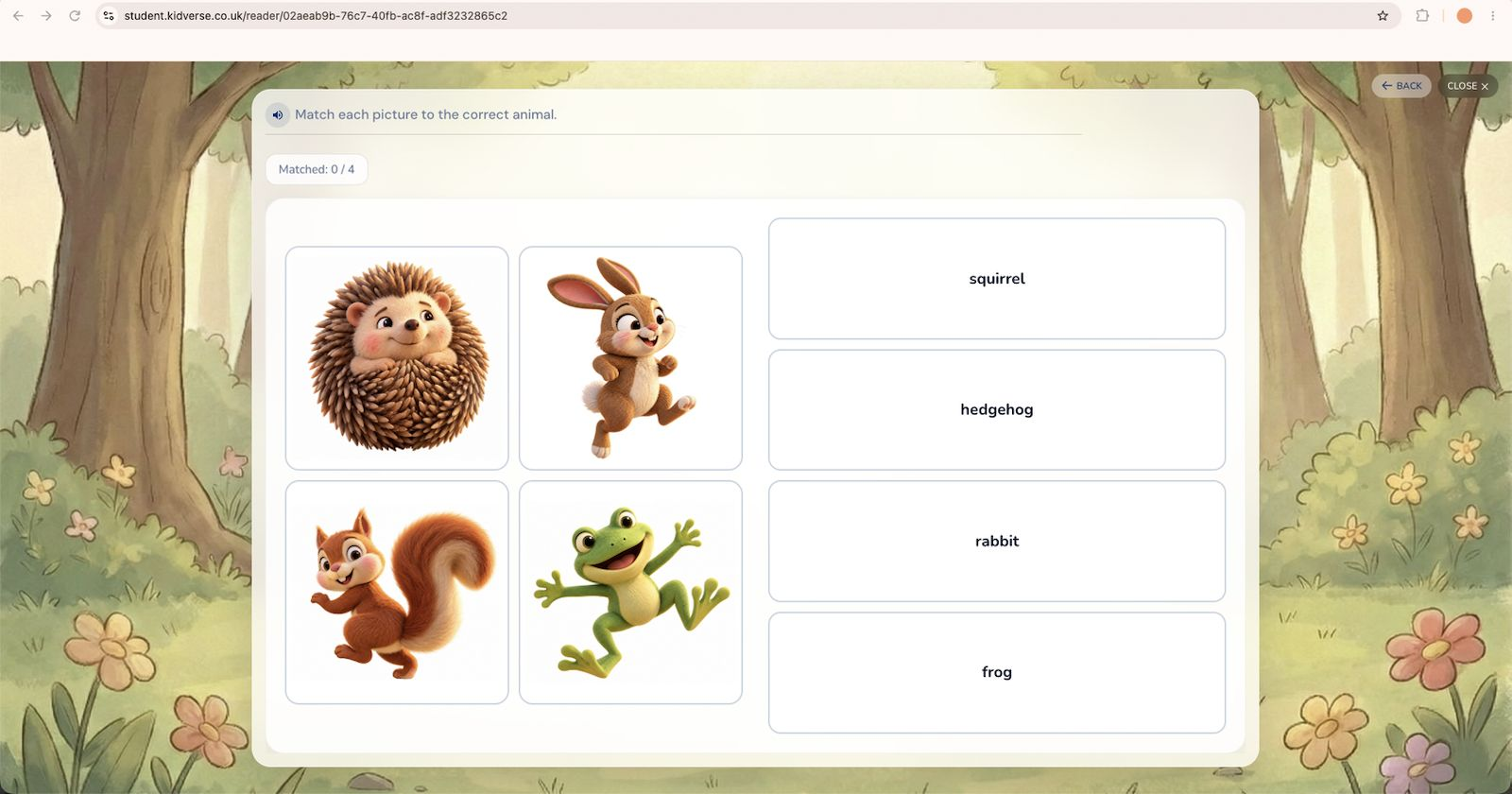 A woodland matching activity in Kidverse: match the hedgehog, rabbit, squirrel and frog to their names