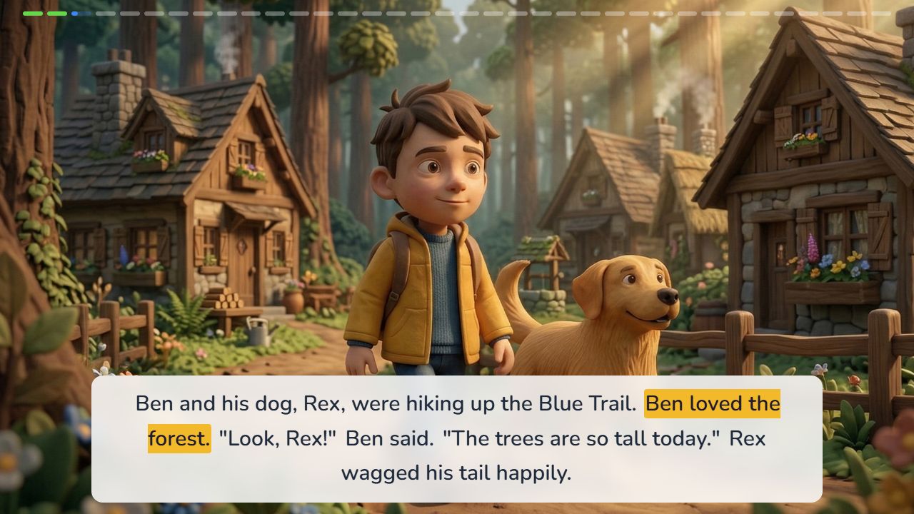 The Forest Rescue on Kidverse web, with narration highlighting the words Ben loved the forest